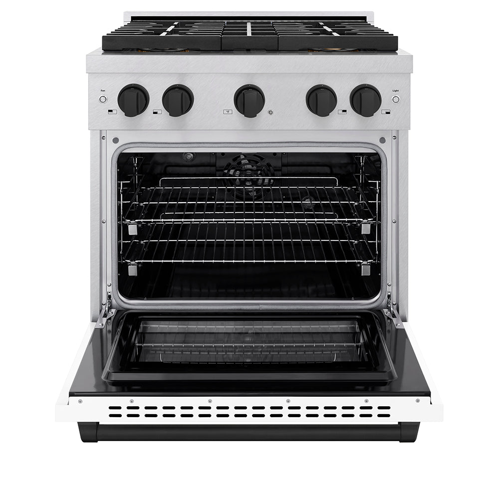 ZLINE Autograph Edition 30 in. 4.2 cu. ft. Paramount Dual Fuel Range with 4 Burner DuoPro™ Cooktop and Electric Convection Oven in Satin Stainless Steel with White Matte Door and Matte Black  PSDRSZWM30MB