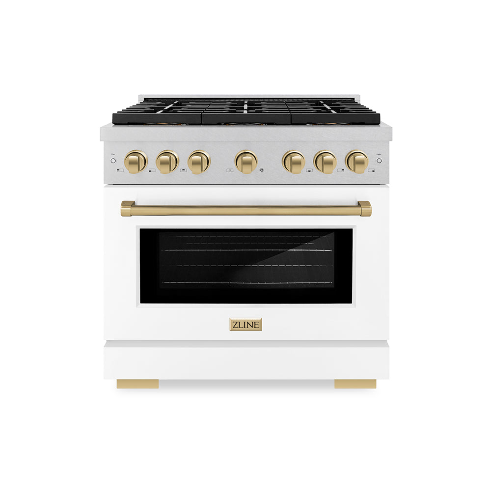 ZLINE Autograph Edition 36 in. 5.2 cu. ft. Paramount Dual Fuel Range with 6 Burner DuoPro™ Cooktop and Electric Convection Oven in Satin Stainless Steel with White Matte Door and Champagne Br