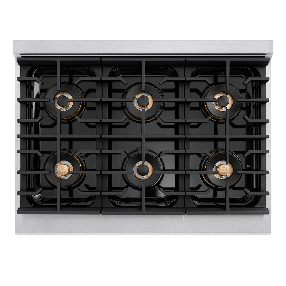 ZLINE Autograph Edition 36 in. 5.2 cu. ft. Paramount Dual Fuel Range with 6 Burner DuoPro™ Cooktop and Electric Convection Oven in Satin Stainless Steel with White Matte Door and Champagne Br PSDRSZWM36CB