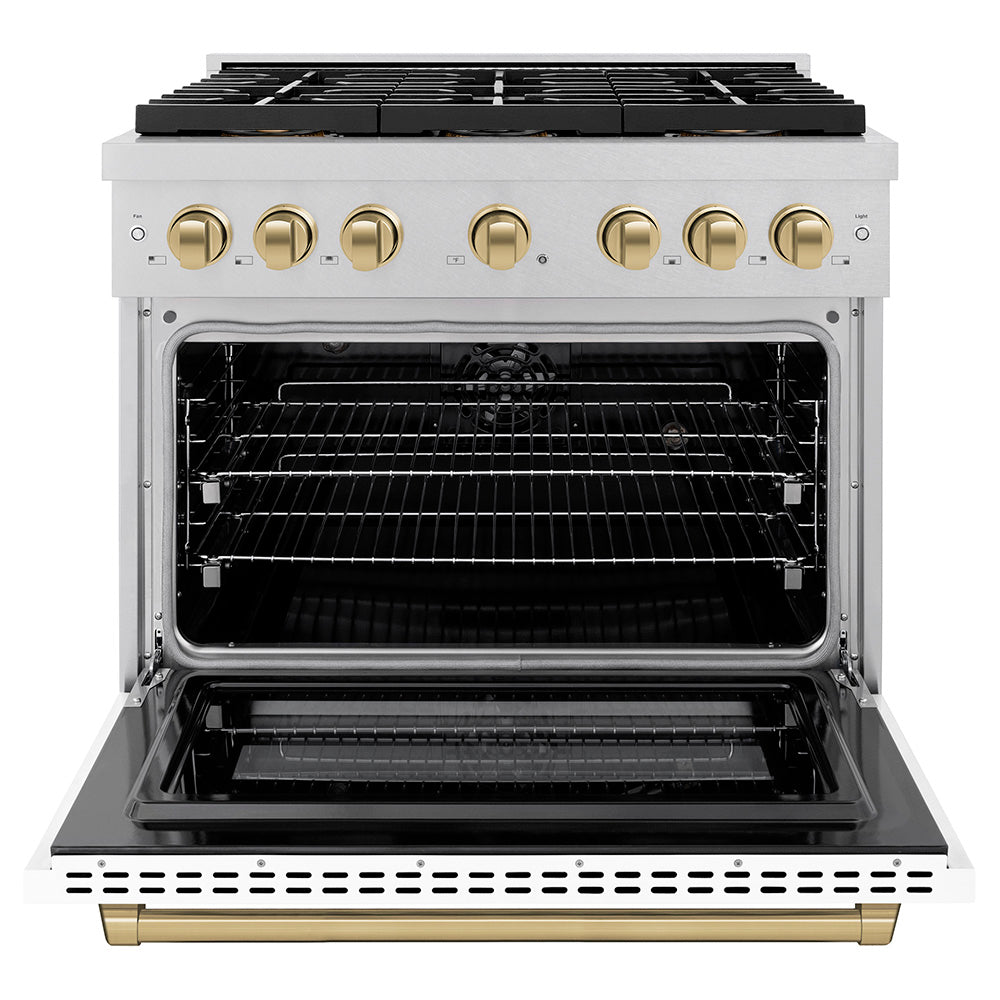 ZLINE Autograph Edition 36 in. 5.2 cu. ft. Paramount Dual Fuel Range with 6 Burner DuoPro™ Cooktop and Electric Convection Oven in Satin Stainless Steel with White Matte Door and Champagne Br PSDRSZWM36CB