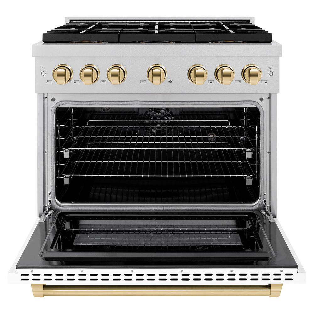 Autograph Edition 36 In. 5.2 Cu. Ft. Paramount Dual Fuel Range With 6 Burner Duopro™ Cooktop And Electric Convection Oven In Satin Stainless Steel With White Matte Door And Polished Gold Acce PSDRSZWM36G
