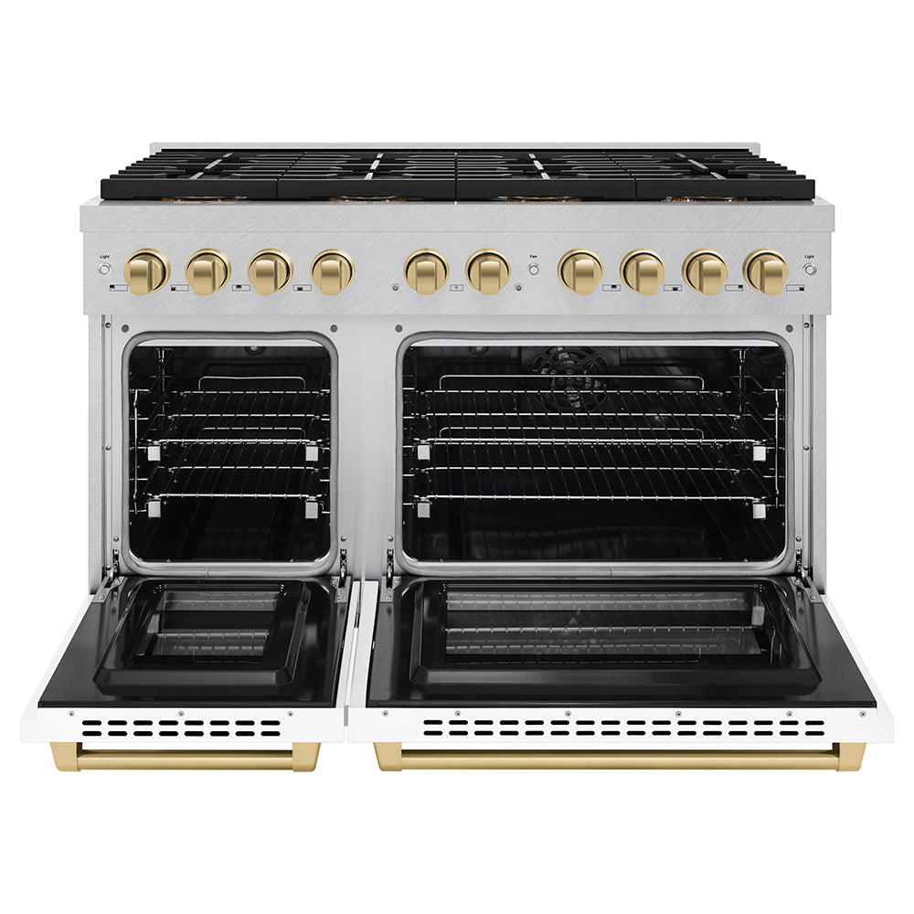 Autograph Edition 48 In. 6.7 Cu. Ft. Paramount Dual Fuel Range With 8 Burner Duopro™ Cooktop And Dual Ovens In Satin Stainless Steel With White Matte Doors And Champagne Bronze Accents PSDRSZWM48CB