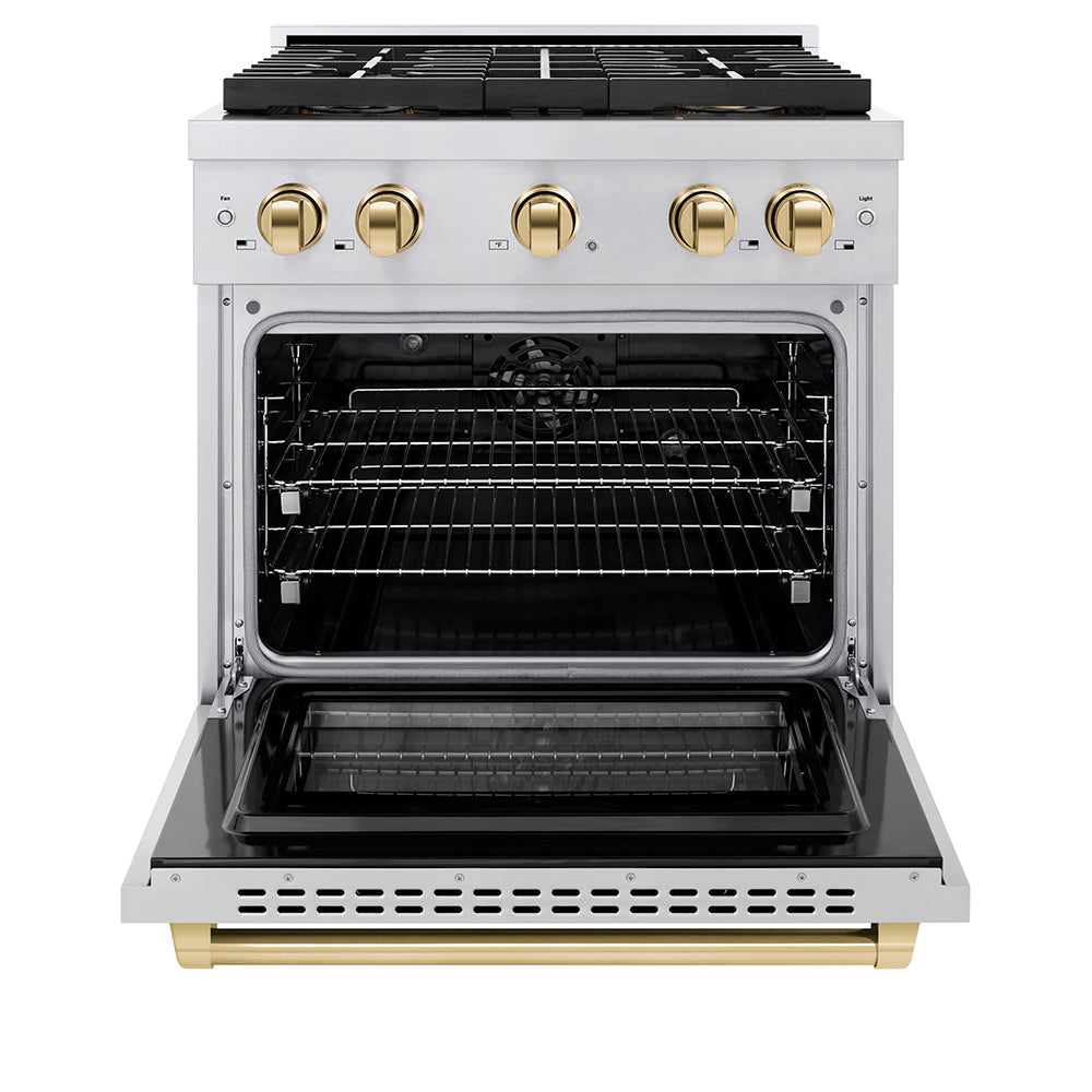 Autograph Edition 30 In. 4.2 Cu. Ft. Paramount Dual Fuel Range With 4 Burner Duopro™ Cooktop And Electric Convection Oven In Stainless Steel With Polished Gold Accents PSDRZ30G