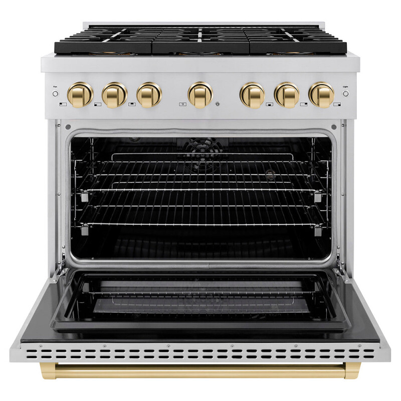 Autograph Edition 36 In. 5.2 Cu. Ft. Paramount Dual Fuel Range With 6 Burner Duopro™ Cooktop And Electric Convection Oven In Stainless Steel And Polished Gold Accents PSDRZ36G