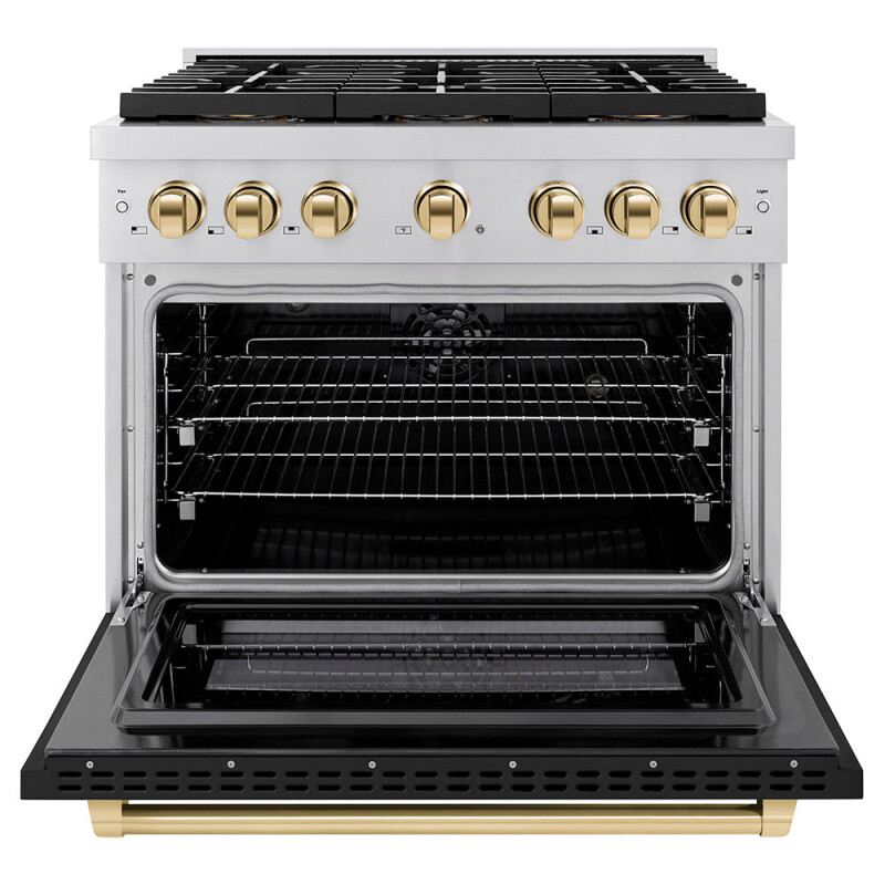 Autograph Edition 36 In. 5.2 Cu. Ft. Paramount Dual Fuel Range With 6 Burner Duopro™ Cooktop And Electric Convection Oven With Black Matte Door And Polished Gold Accents PSDRZBLM36G