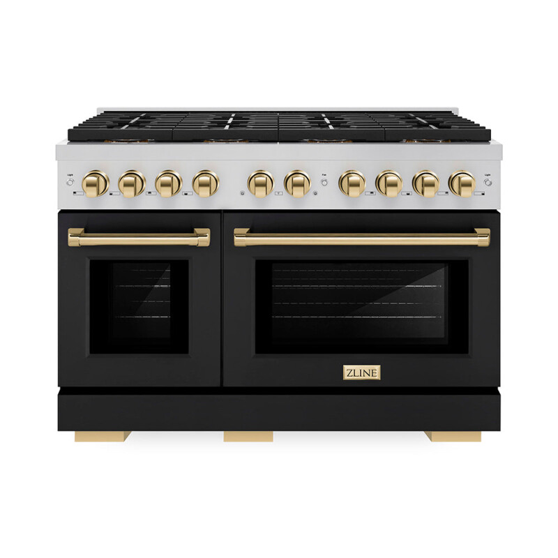 Autograph Edition 48 In. 6.7 Cu. Ft. Paramount Dual Fuel Range With 8 Burner Duopro™ Cooktop And Dual Ovens With Black Matte Doors And Polished Gold Accents PSDRZBLM48G