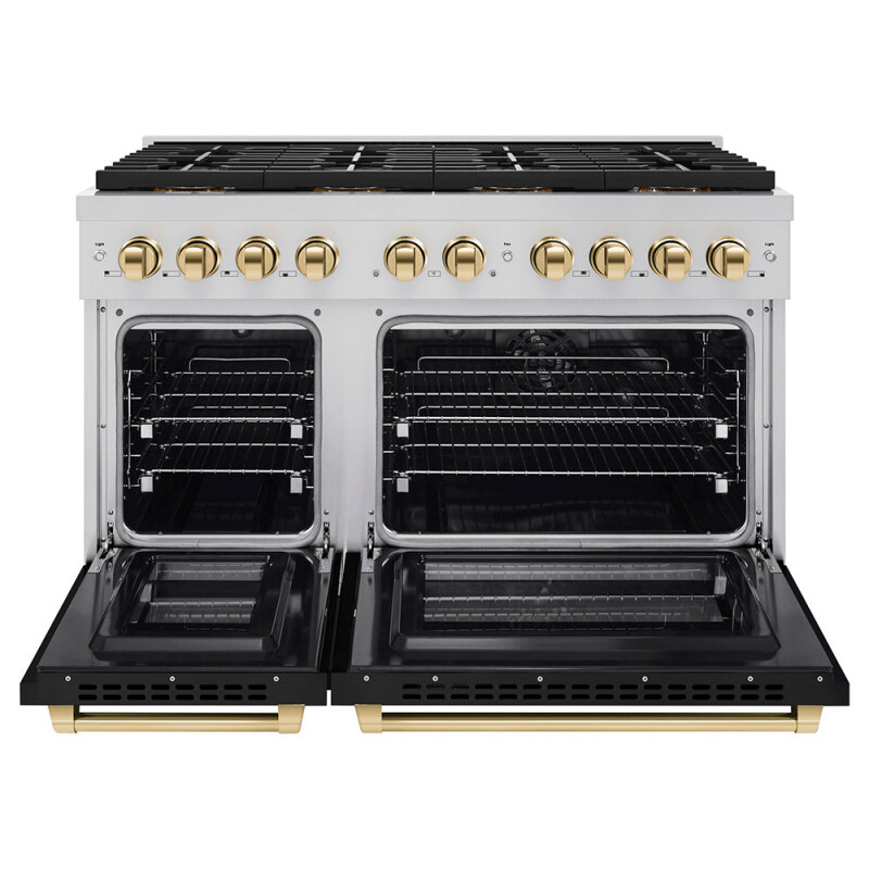 Autograph Edition 48 In. 6.7 Cu. Ft. Paramount Dual Fuel Range With 8 Burner Duopro™ Cooktop And Dual Ovens With Black Matte Doors And Polished Gold Accents PSDRZBLM48G