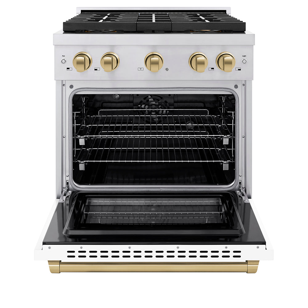 Autograph Edition 30 In. 4.2 Cu. Ft. Paramount Dual Fuel Range With 4 Burner Duopro™ Cooktop And Electric Convection Oven In Stainless Steel With White Matte Door And Champagne Bronze Accents PSDRZWM30CB