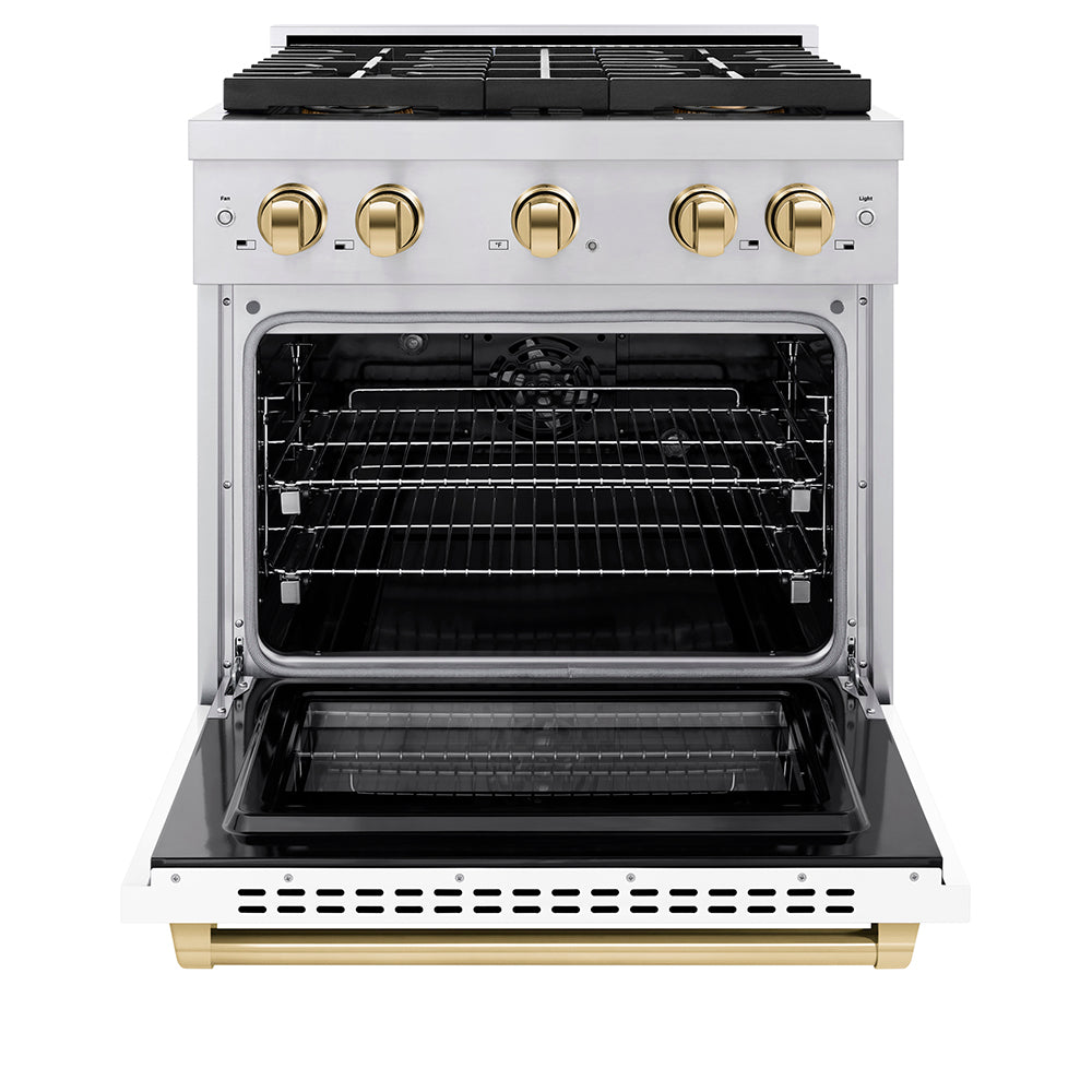 Autograph Edition 30 In. 4.2 Cu. Ft. Paramount Dual Fuel Range With 4 Burner Duopro™ Cooktop And Electric Convection Oven In Stainless Steel With White Matte Door And Polished Gold Accents PSDRZWM30G