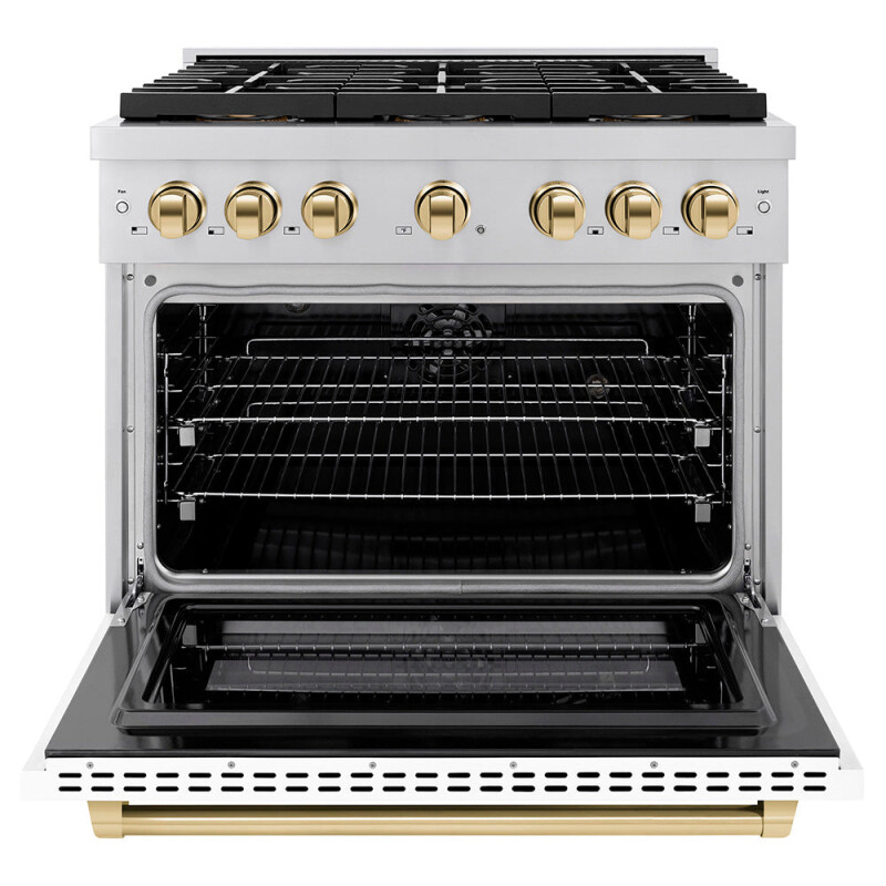Autograph Edition 36 In. 5.2 Cu. Ft. Paramount Dual Fuel Range With 6 Burner Duopro™ Cooktop And Electric Convection Oven With White Matte Door And Polished Gold Accents PSDRZWM36G