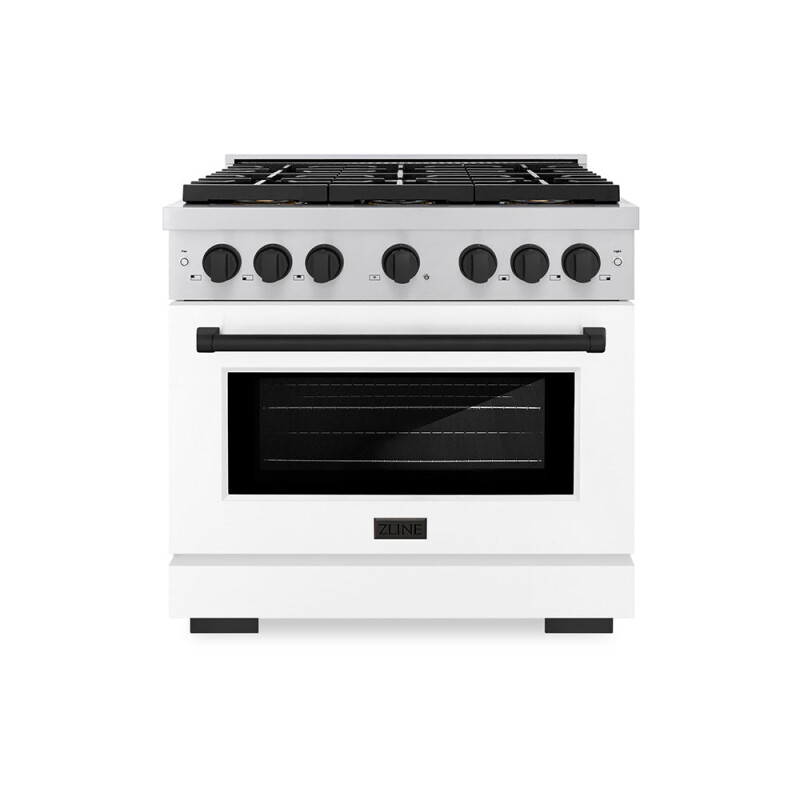 ZLINE Autograph Edition 36 in. 5.2 cu. ft. Paramount Dual Fuel Range with 6 Burner DuoPro™ Cooktop and Electric Convection Oven with White Matte Door and Matte Black Accents (PSDRZ-WM-36-MB) 