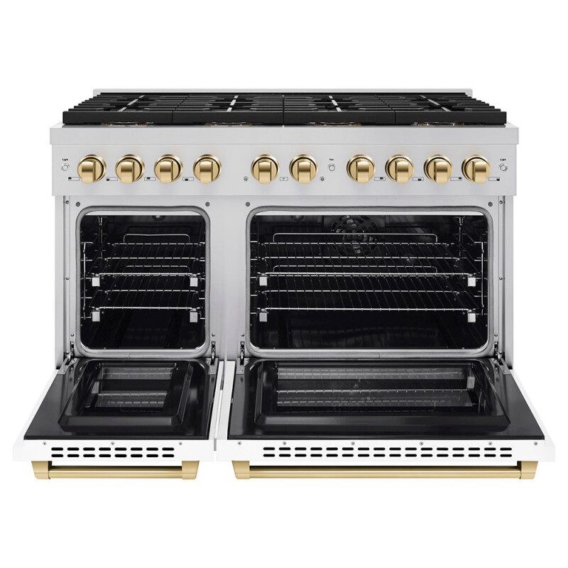 Autograph Edition 48 In. 6.7 Cu. Ft. Paramount Dual Fuel Range With 8 Burner Duopro™ Cooktop And Dual Ovens With White Matte Doors And Polished Gold Accents PSDRZWM48G