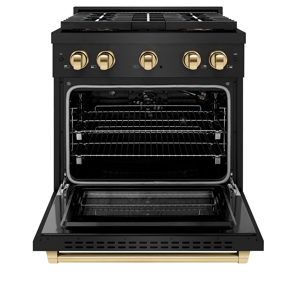 Autograph Edition 30 In. 4.2 Cu. Ft. Paramount Gas Range With 4 Burner Duopro™ Cooktop And Convection Gas Oven In Black Stainless Steel And Polished Gold Accents PSGRBZ30G