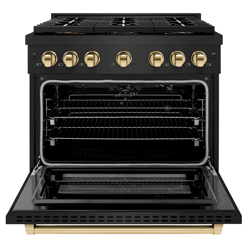 Autograph Edition 36 In. 5.2 Cu. Ft. Paramount Gas Range With 6 Burner Duopro™ Cooktop And Convection Gas Oven In Black Stainless Steel And Polished Gold Accents PSGRBZ36G