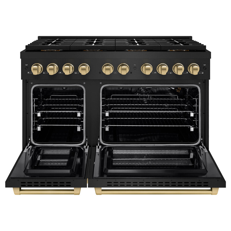 Autograph Edition 48 In. 6.7 Cu. Ft. Paramount Gas Range With 8 Burner Duopro™ Cooktop And Dual Ovens In Black Stainless Steel And Champagne Bronze Accents PSGRBZ48CB