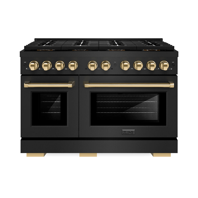 Autograph Edition 48 In. 6.7 Cu. Ft. Paramount Gas Range With 8 Burner Duopro™ Cooktop And Dual Ovens In Black Stainless Steel And Polished Gold Accents PSGRBZ48G