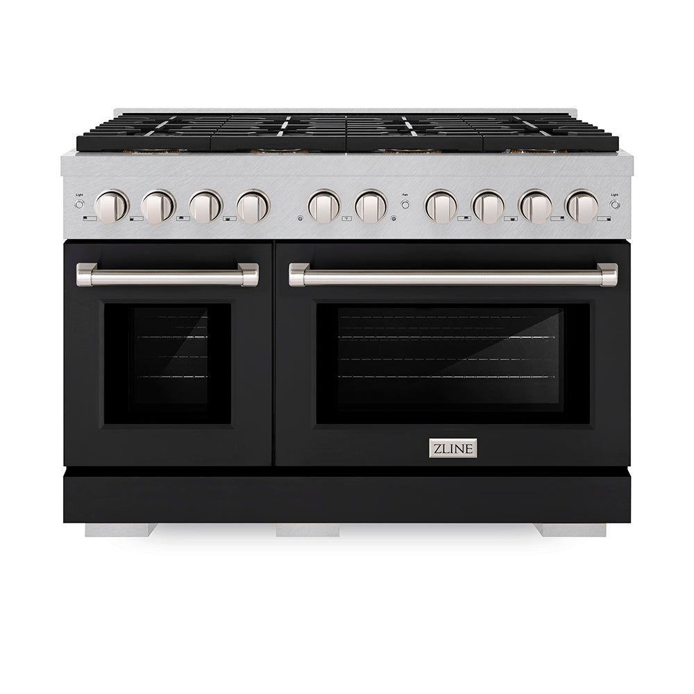 48 In. 6.7 Cu. Ft. Paramount Gas Range With 8 Burner Duopro™ Cooktop And Dual Ovens In Satin Stainless Steel With Black Matte Doors PSGRSBLM48
