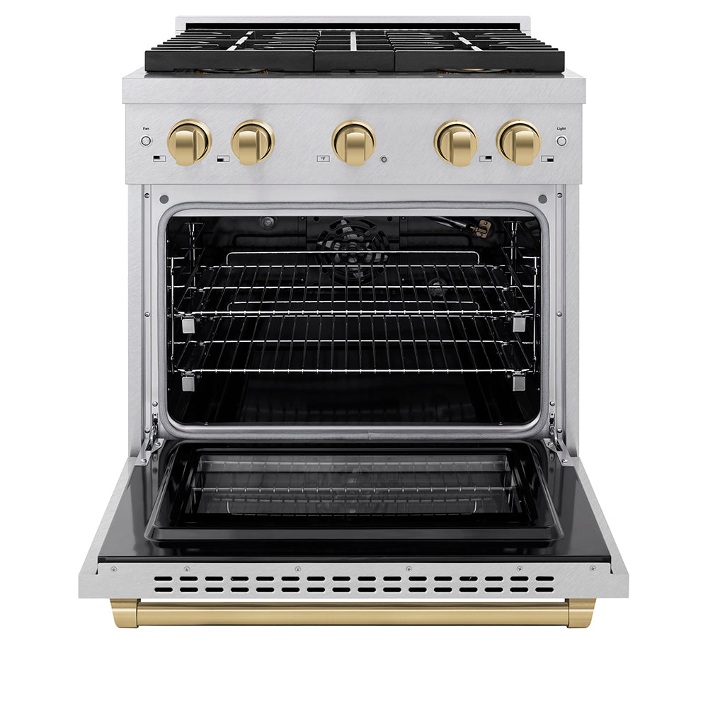 Autograph Edition 30 In. 4.2 Cu. Ft. Paramount Gas Range With 4 Burner Duopro™ Cooktop And Convection Gas Oven In Satin Stainless Steel And Champagne Bronze Accents PSGRSZ30CB