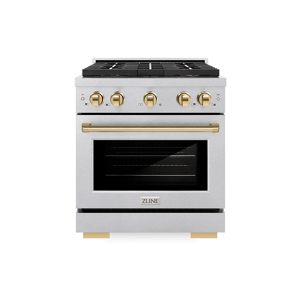 Autograph Edition 30 In. 4.2 Cu. Ft. Paramount Gas Range With 4 Burner Duopro™ Cooktop And Convection Gas Oven In Satin Stainless Steel And Polished Gold Accents PSGRSZ30G