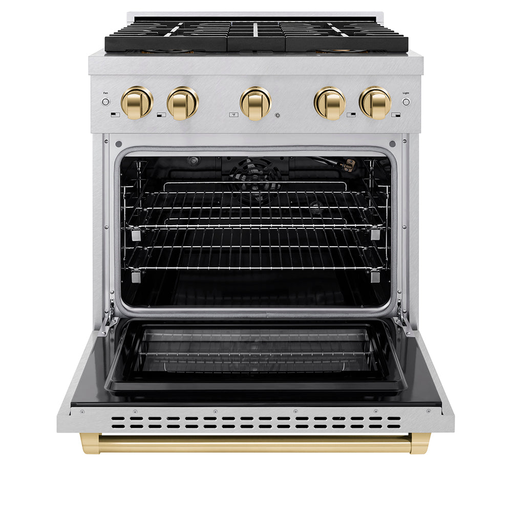 Autograph Edition 30 In. 4.2 Cu. Ft. Paramount Gas Range With 4 Burner Duopro™ Cooktop And Convection Gas Oven In Satin Stainless Steel And Polished Gold Accents PSGRSZ30G