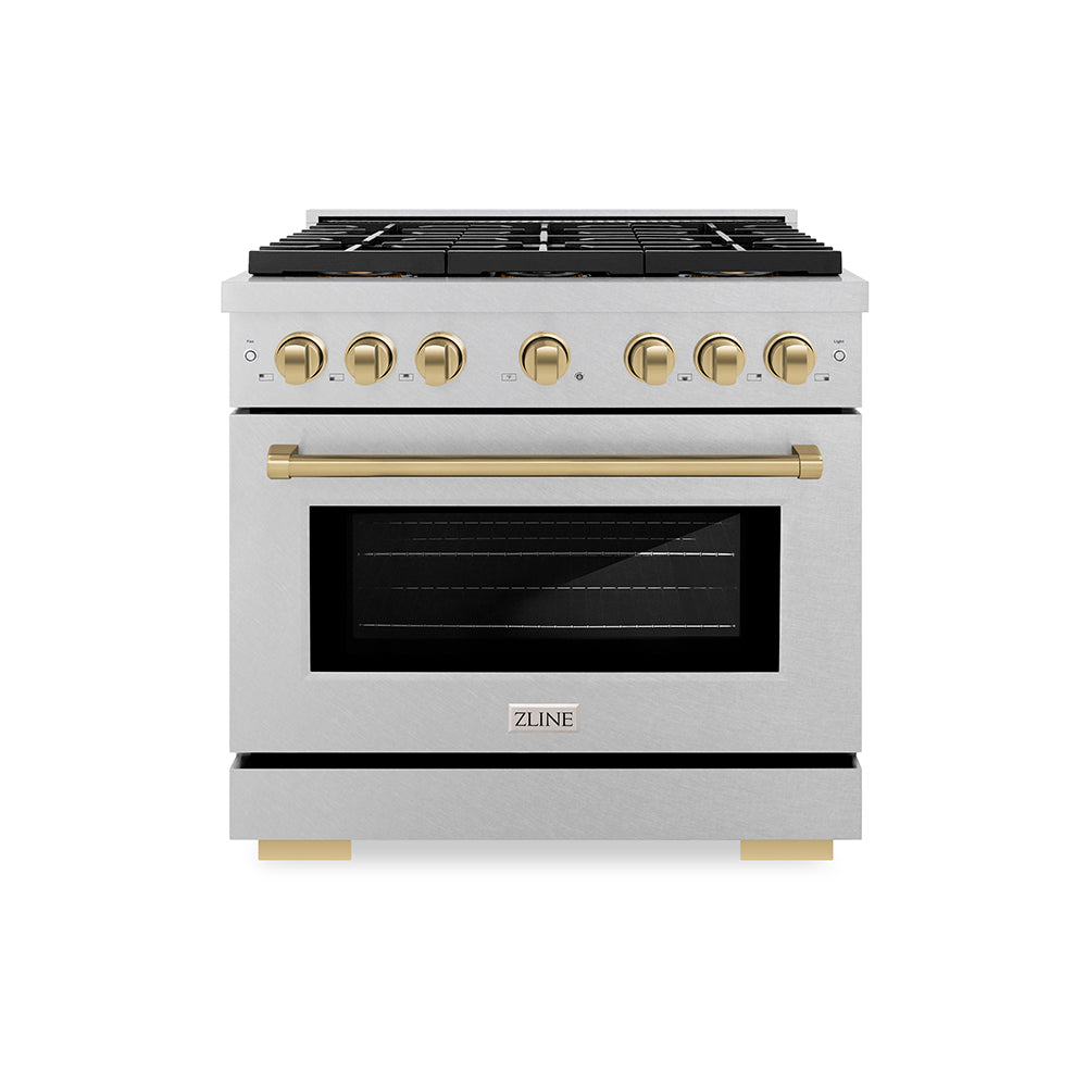 Autograph Edition 36 In. 5.2 Cu. Ft. Paramount Gas Range With 6 Burner Duopro™ Cooktop And Convection Gas Oven In Satin Stainless Steel And Champagne Bronze Accents PSGRSZ36CB