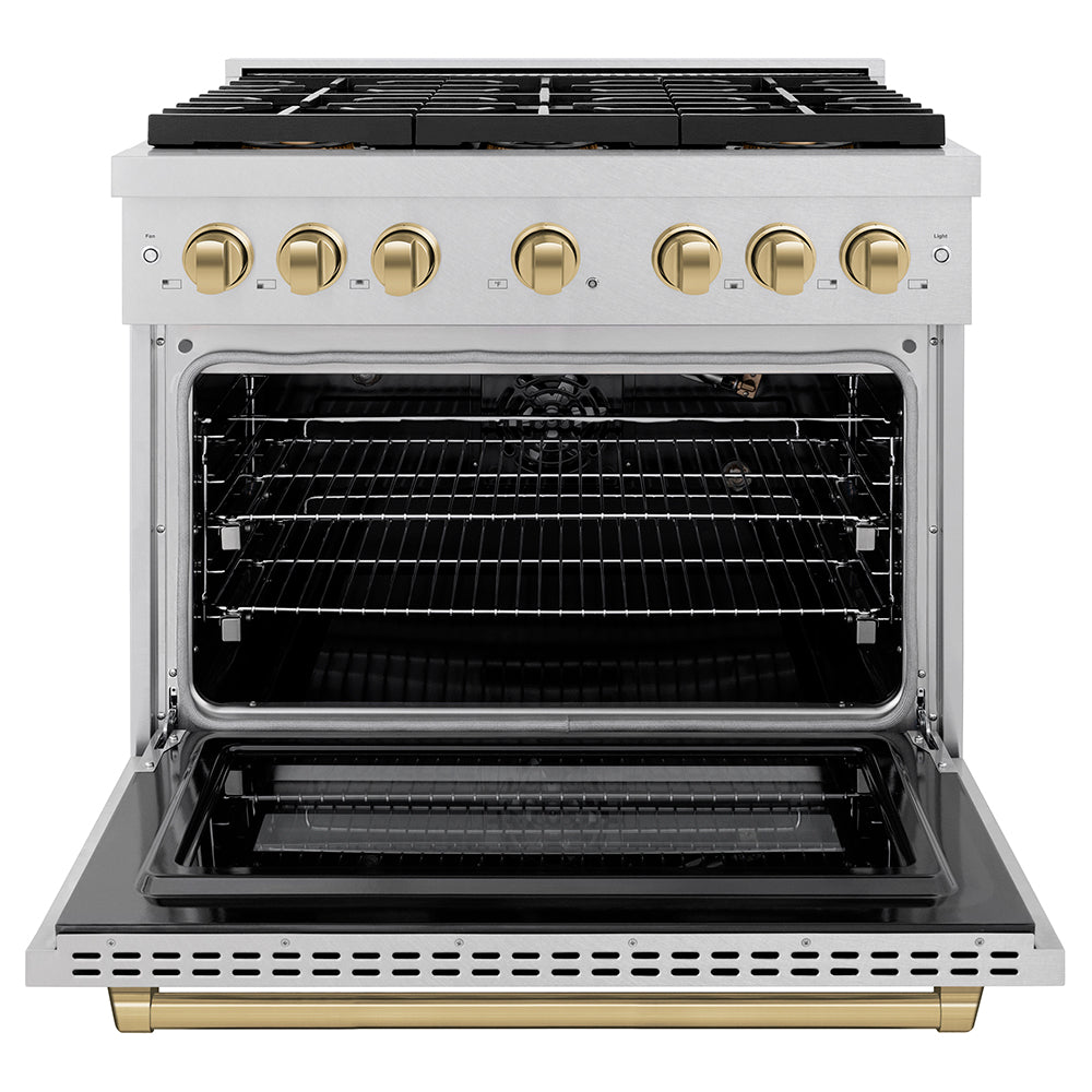 Autograph Edition 36 In. 5.2 Cu. Ft. Paramount Gas Range With 6 Burner Duopro™ Cooktop And Convection Gas Oven In Satin Stainless Steel And Champagne Bronze Accents PSGRSZ36CB