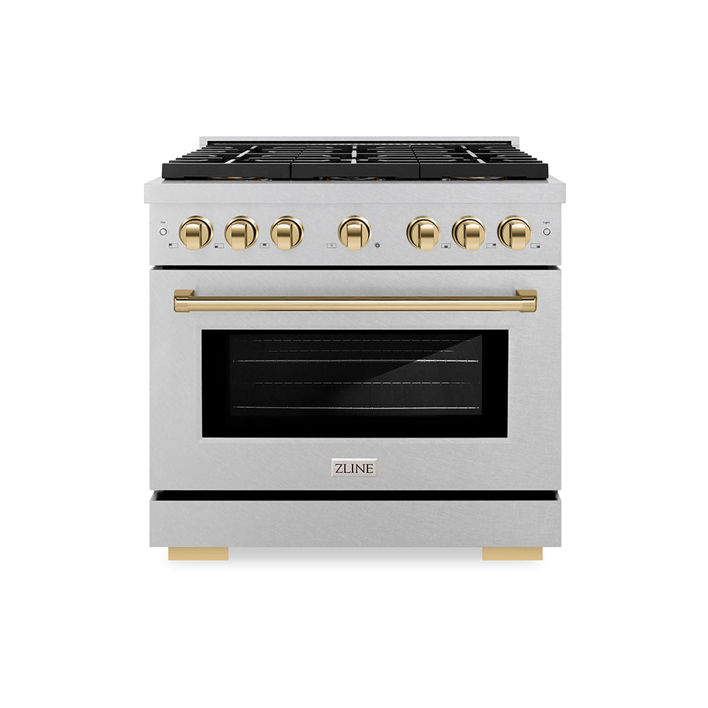 Autograph Edition 36 In. 5.2 Cu. Ft. Paramount Gas Range With 6 Burner Duopro™ Cooktop And Convection Gas Oven In Satin Stainless Steel And Polished Gold Accents PSGRSZ36G
