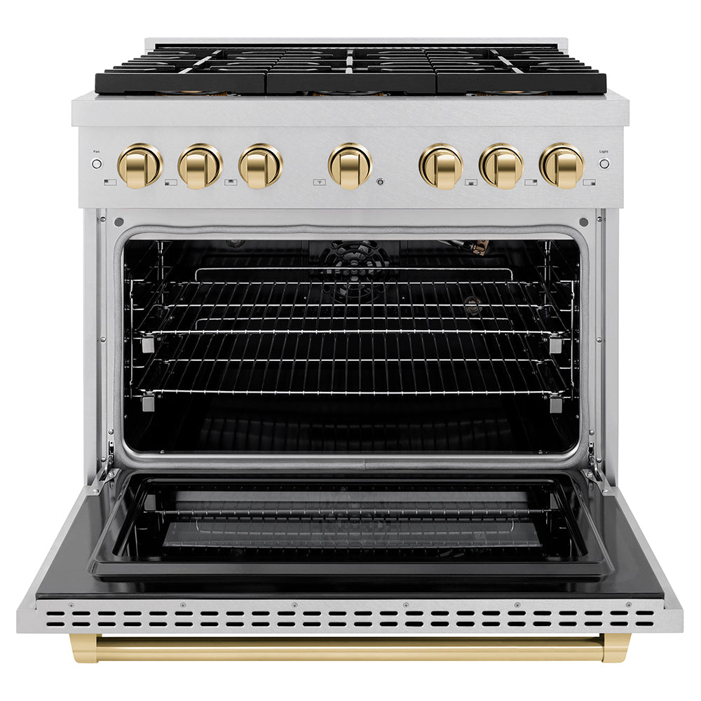 Autograph Edition 36 In. 5.2 Cu. Ft. Paramount Gas Range With 6 Burner Duopro™ Cooktop And Convection Gas Oven In Satin Stainless Steel And Polished Gold Accents PSGRSZ36G