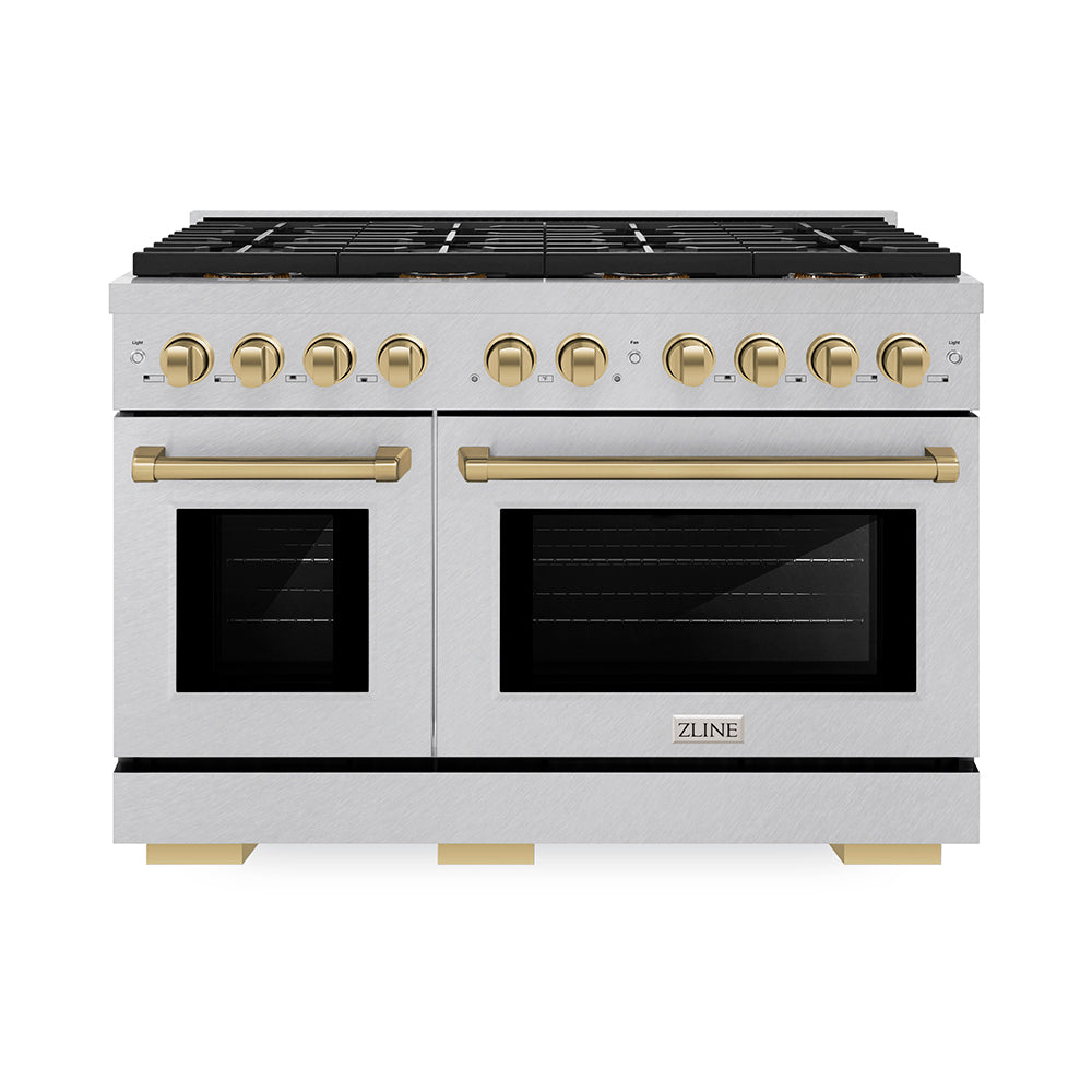 Autograph Edition 48 In. 6.7 Cu. Ft. Paramount Gas Range With 8 Burner Duopro™ Cooktop And Dual Ovens In Satin Stainless Steel And Champagne Bronze Accents PSGRSZ48CB