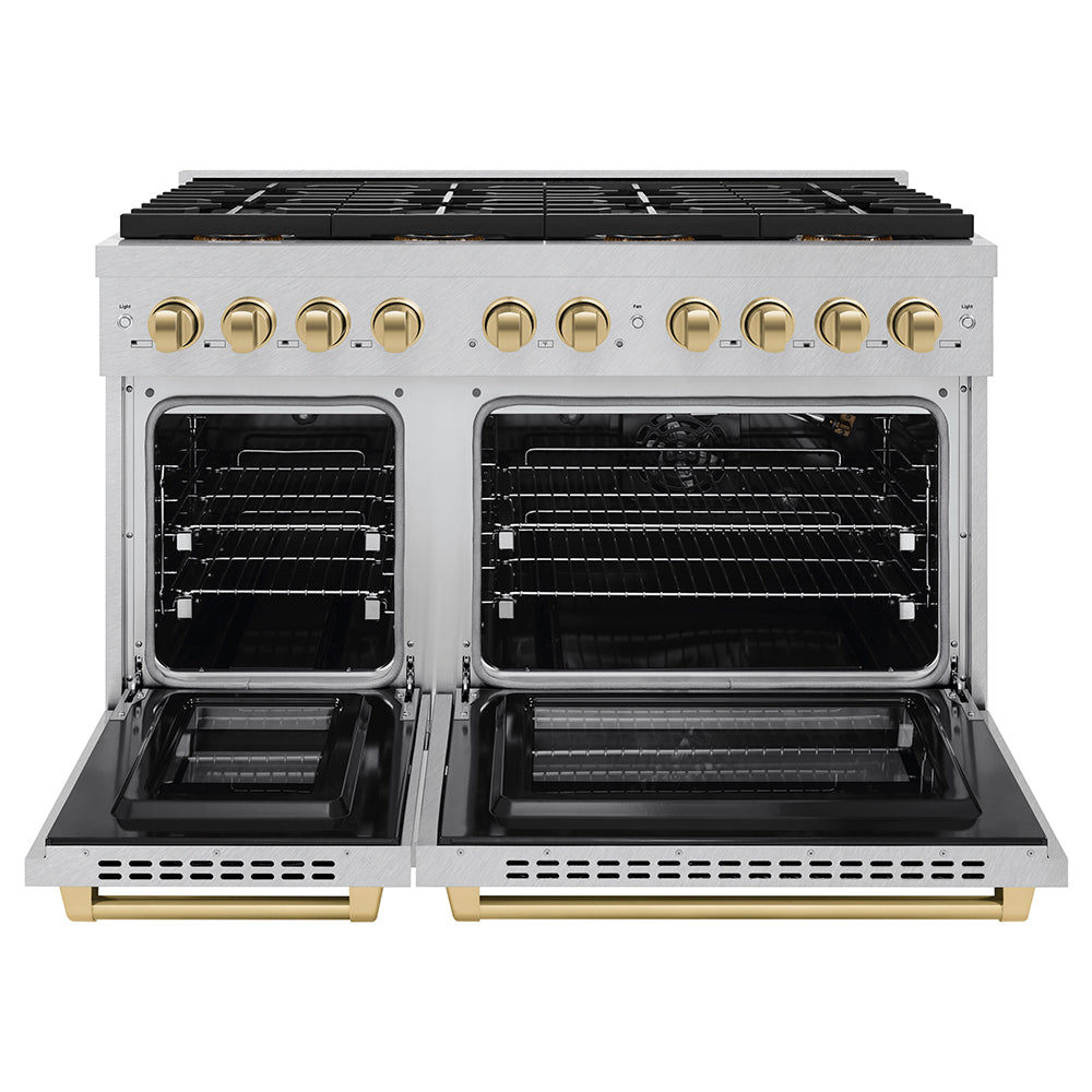 Autograph Edition 48 In. 6.7 Cu. Ft. Paramount Gas Range With 8 Burner Duopro™ Cooktop And Dual Ovens In Satin Stainless Steel And Champagne Bronze Accents PSGRSZ48CB