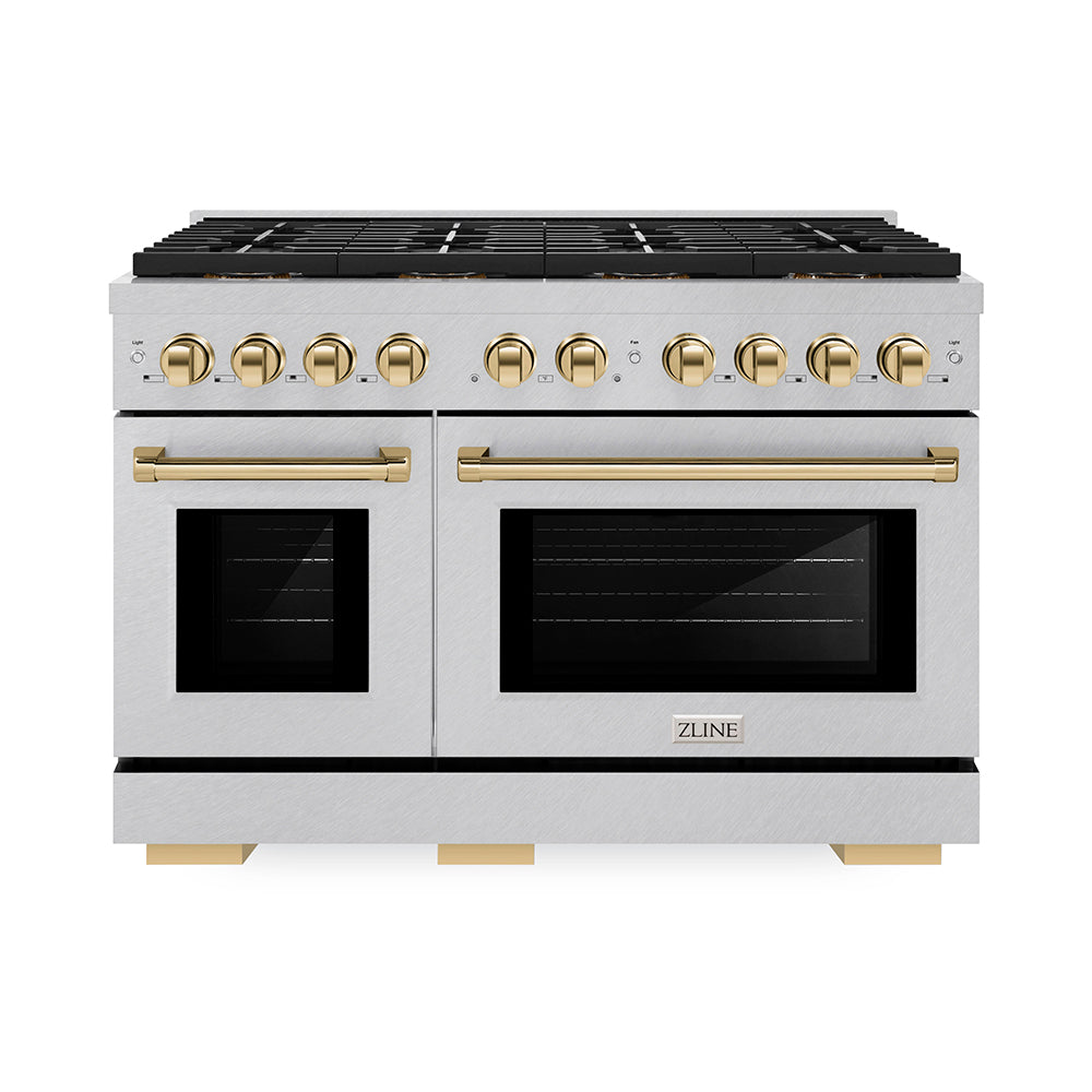 Autograph Edition 48 In. 6.7 Cu. Ft. Paramount Gas Range With 8 Burner Duopro™ Cooktop And Dual Ovens In Satin Stainless Steel And Polished Gold Accents PSGRSZ48G