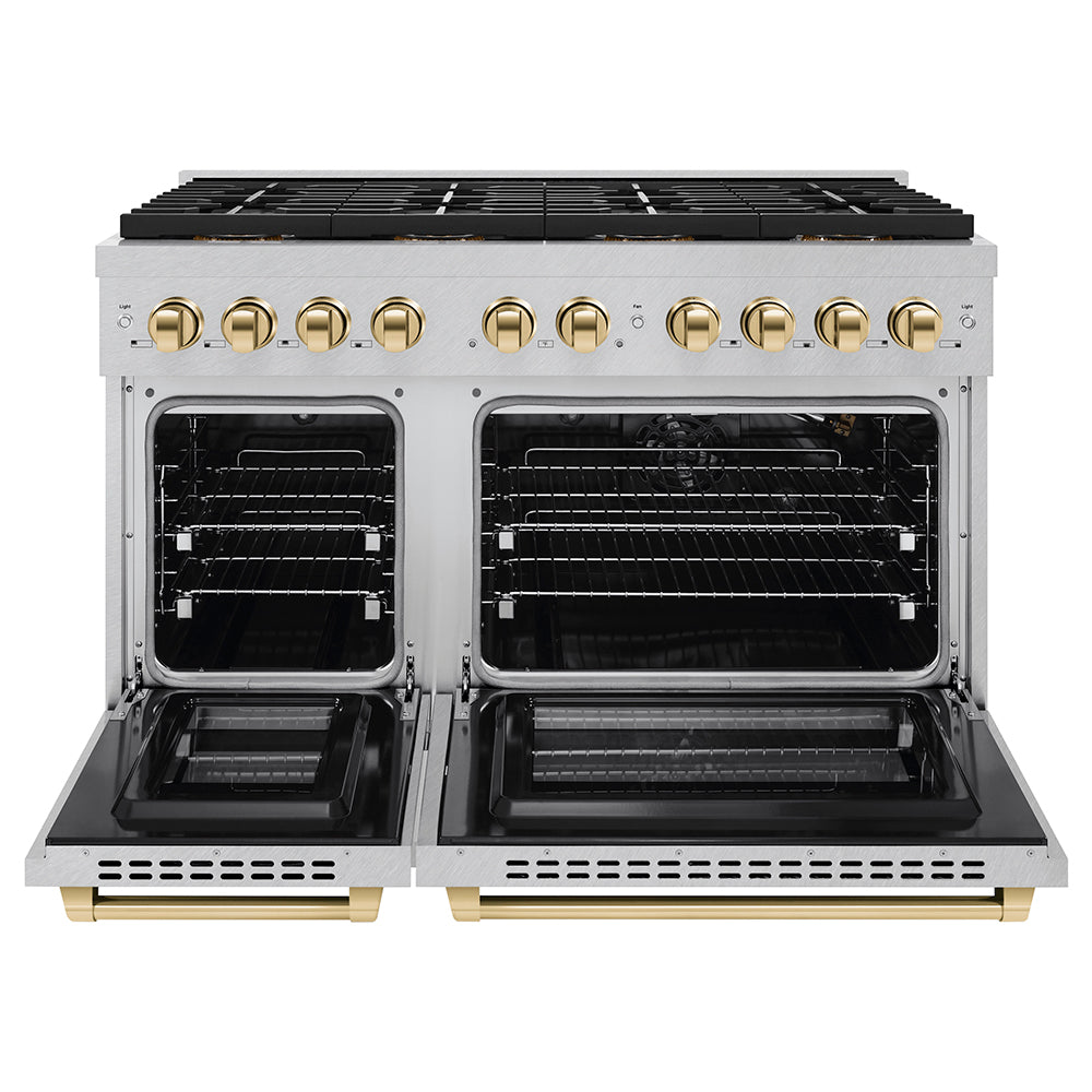 Autograph Edition 48 In. 6.7 Cu. Ft. Paramount Gas Range With 8 Burner Duopro™ Cooktop And Dual Ovens In Satin Stainless Steel And Polished Gold Accents PSGRSZ48G