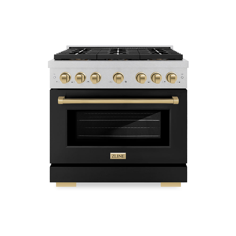 Autograph Edition 36 In. 5.2 Cu. Ft. Paramount Gas Range With 6 Burner Duopro™ Cooktop And Convection Gas Oven In Satin Stainless Steel With Black Matte Door And Champagne Bronze Accents PSGR