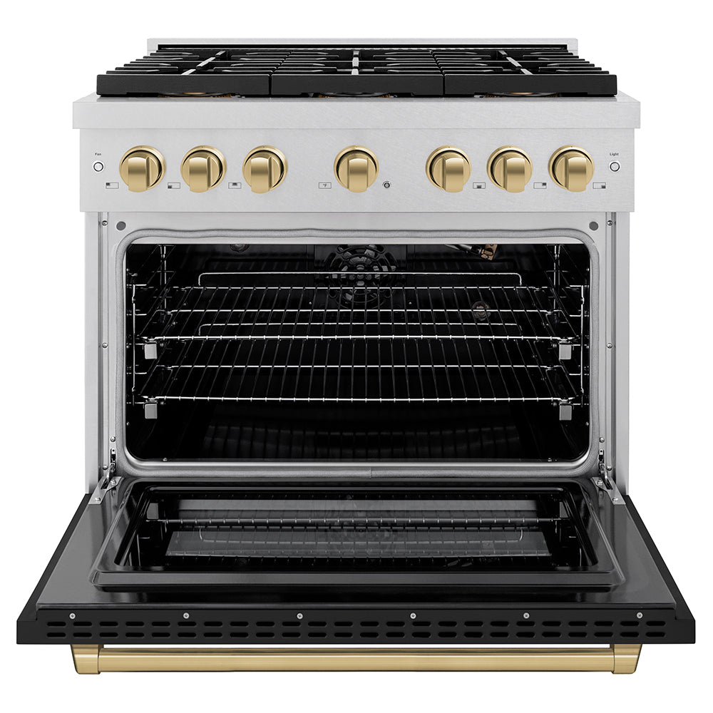 Autograph Edition 36 In. 5.2 Cu. Ft. Paramount Gas Range With 6 Burner Duopro™ Cooktop And Convection Gas Oven In Satin Stainless Steel With Black Matte Door And Champagne Bronze Accents PSGRSZBLM36CB