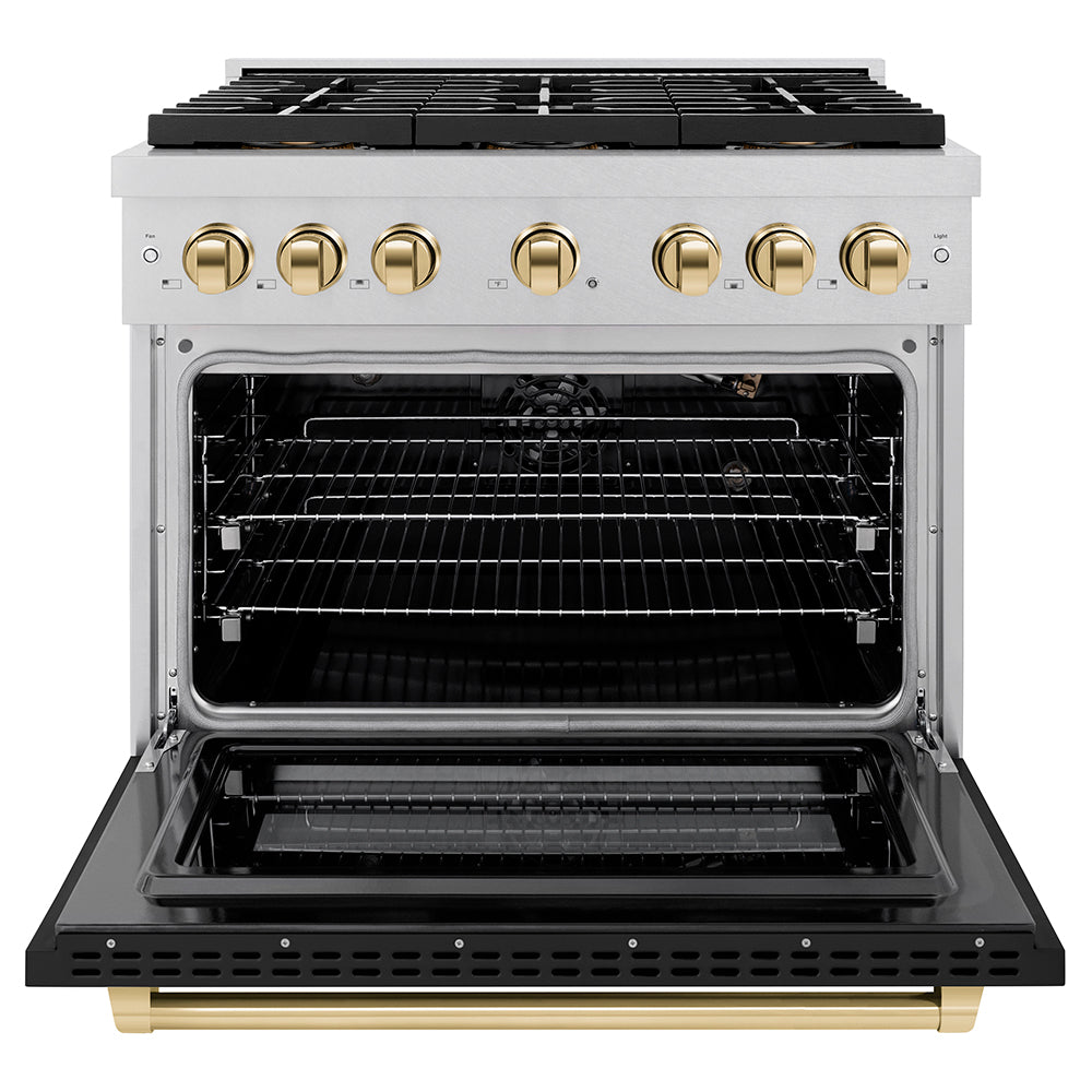 Autograph Edition 36 In. 5.2 Cu. Ft. Paramount Gas Range With 6 Burner Duopro™ Cooktop And Convection Gas Oven In Satin Stainless Steel With Black Matte Door And Polished Gold Accents PSGRSZBLM36G