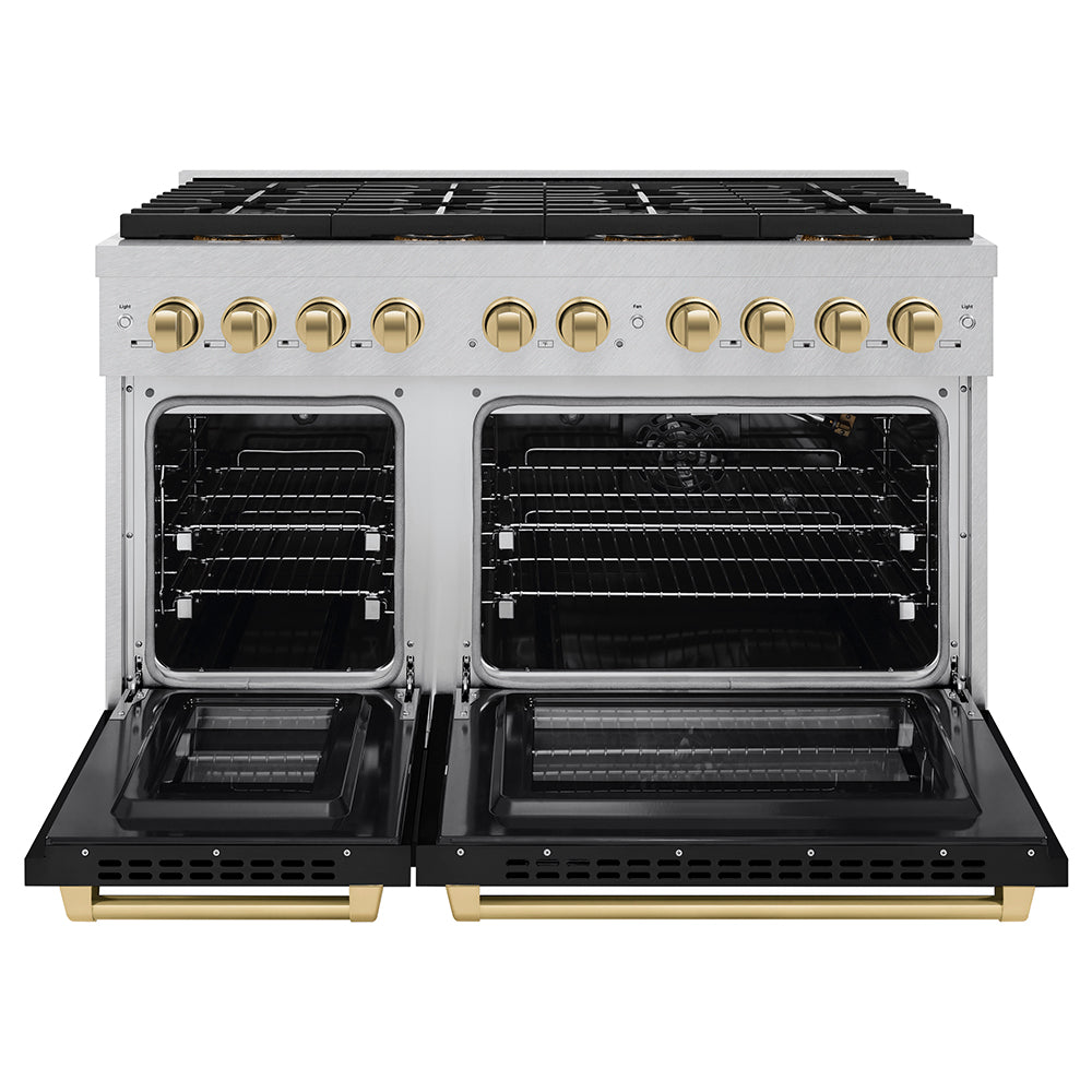 Autograph Edition 48 In. 6.7 Cu. Ft. Paramount Gas Range With 8 Burner Duopro™ Cooktop And Dual Ovens In Satin Stainless Steel With Black Matte Doors And Champagne Bronze Accents PSGRSZBLM48CB