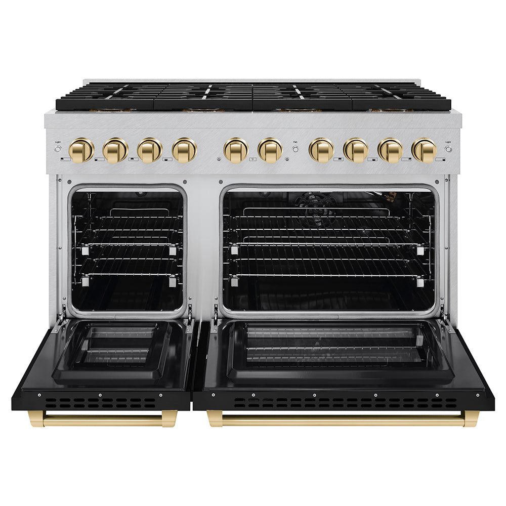 Autograph Edition 48 In. 6.7 Cu. Ft. Paramount Gas Range With 8 Burner Duopro™ Cooktop And Dual Ovens In Satin Stainless Steel With Black Matte Doors And Polished Gold Accents PSGRSZBLM48G