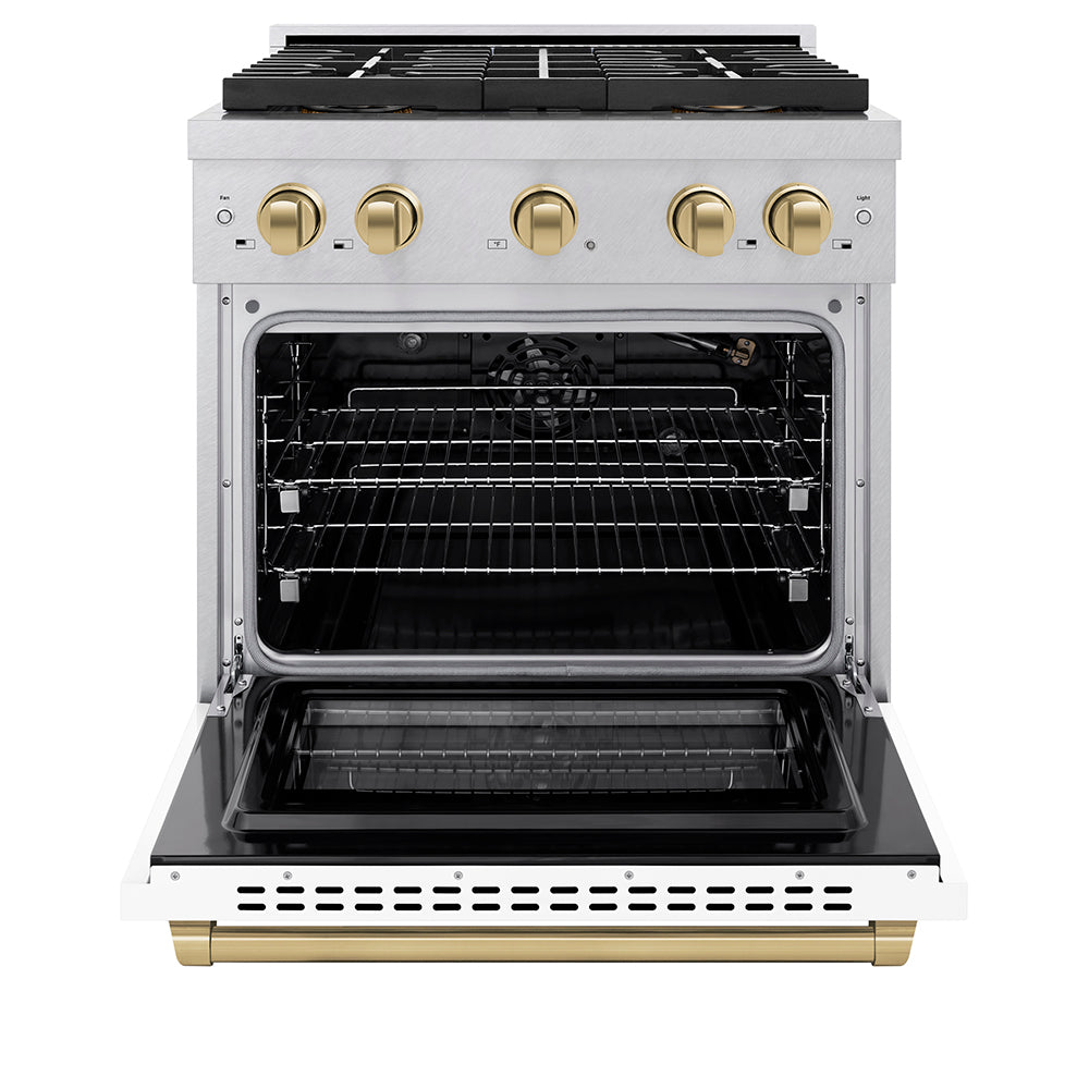 Autograph Edition 30 In. 4.2 Cu. Ft. Paramount Gas Range With 4 Burner Duopro™ Cooktop And Convection Gas Oven In Satin Stainless Steel With White Matte Door And Champagne Bronze Accents PSGRSZWM30CB
