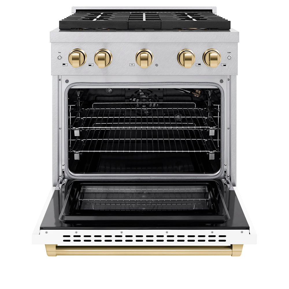 Autograph Edition 30 In. 4.2 Cu. Ft. Paramount Gas Range With 4 Burner Duopro™ Cooktop And Convection Gas Oven In Satin Stainless Steel With White Matte Door And Polished Gold Accents PSGRSZWM30G
