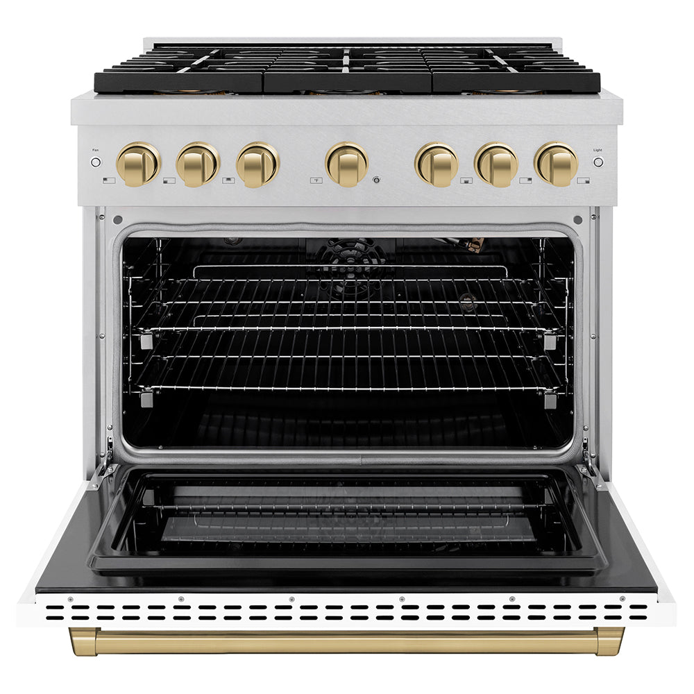 Autograph Edition 36 In. 5.2 Cu. Ft. Paramount Gas Range With 6 Burner Duopro™ Cooktop And Convection Gas Oven In Satin Stainless Steel With White Matte Door And Champagne Bronze Accents PSGRSZWM36CB