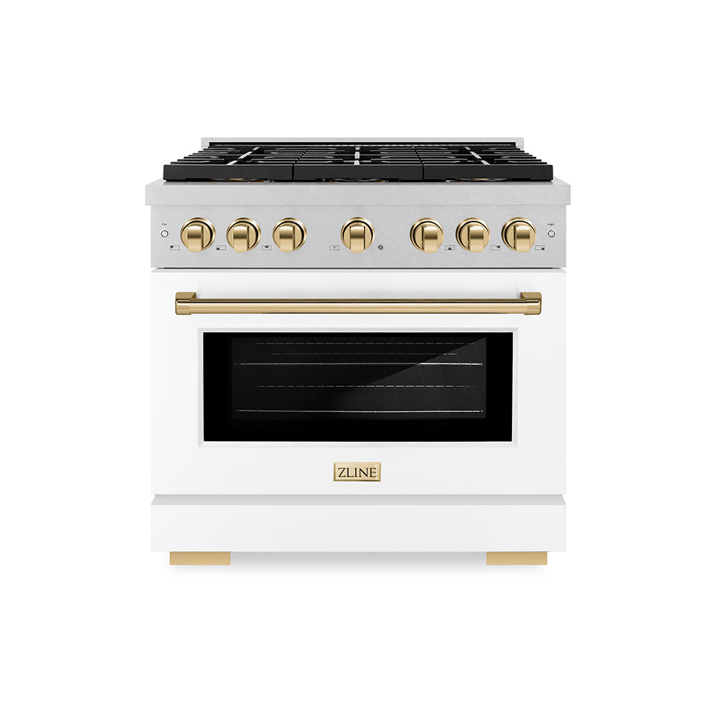 Autograph Edition 36 In. 5.2 Cu. Ft. Paramount Gas Range With 6 Burner Duopro™ Cooktop And Convection Gas Oven In Satin Stainless Steel With White Matte Door And Polished Gold Accents PSGRSZW