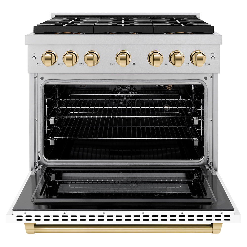 Autograph Edition 36 In. 5.2 Cu. Ft. Paramount Gas Range With 6 Burner Duopro™ Cooktop And Convection Gas Oven In Satin Stainless Steel With White Matte Door And Polished Gold Accents PSGRSZWM36G