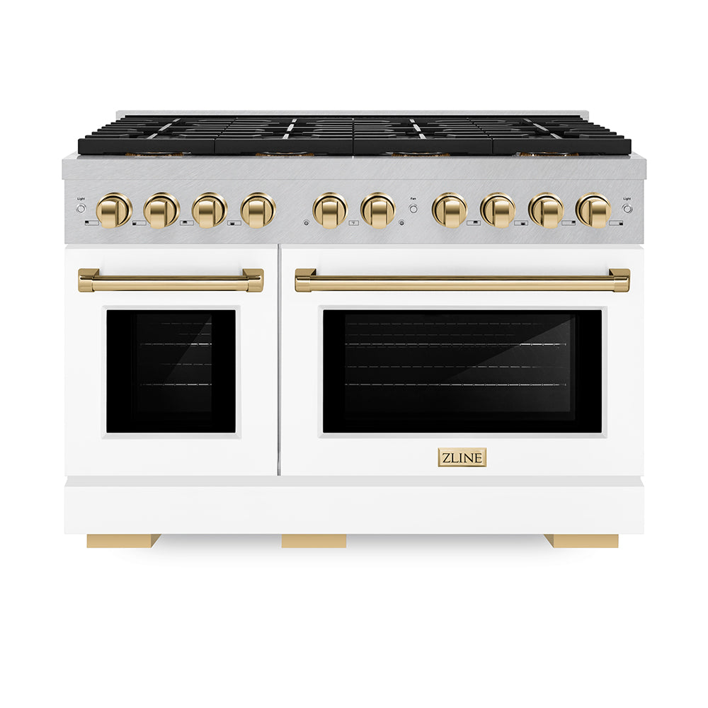 Autograph Edition 48 In. 6.7 Cu. Ft. Paramount Gas Range With 8 Burner Duopro™ Cooktop And Dual Ovens In Satin Stainless Steel With White Matte Doors And Polished Gold Accents PSGRSZWM48G