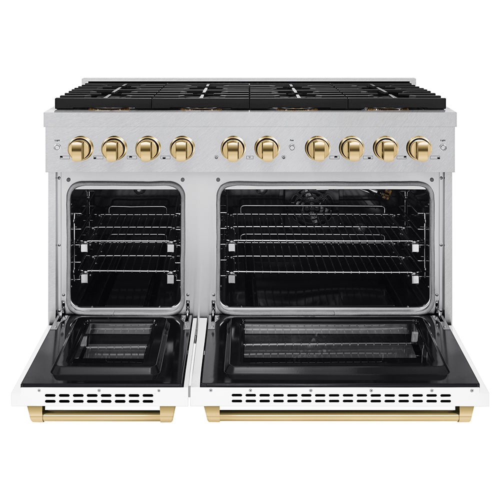 Autograph Edition 48 In. 6.7 Cu. Ft. Paramount Gas Range With 8 Burner Duopro™ Cooktop And Dual Ovens In Satin Stainless Steel With White Matte Doors And Polished Gold Accents PSGRSZWM48G
