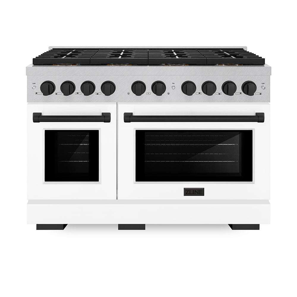 Autograph Edition 48 In. 6.7 Cu. Ft. Paramount Gas Range With 8 Burner Duopro™ Cooktop And Dual Ovens In Satin Stainless Steel With White Matte Doors And Matte Black Accents PSGRSZWM48MB