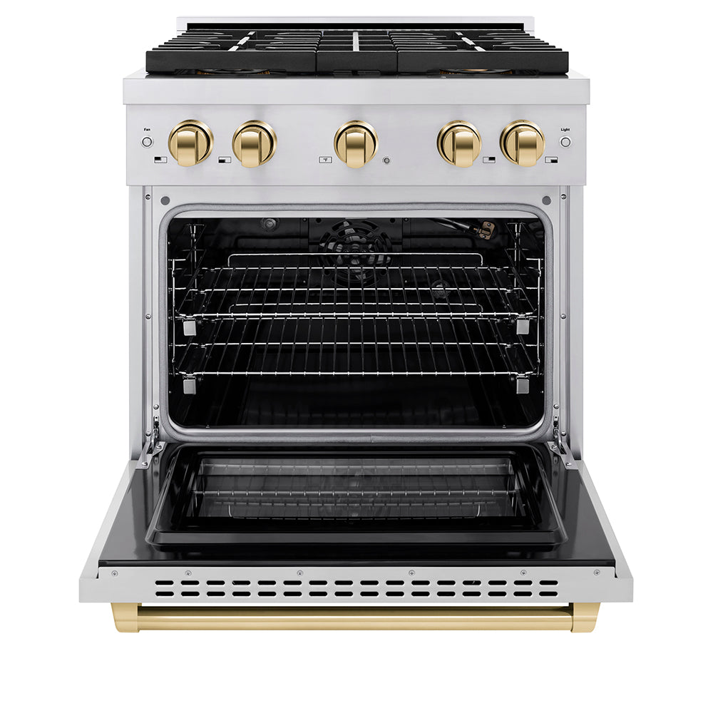 Autograph Edition 30 In. 4.2 Cu. Ft. Paramount Gas Range With 4 Burner Duopro™ Cooktop And Convection Gas Oven In Stainless Steel With Polished Gold Accents PSGRZ30G
