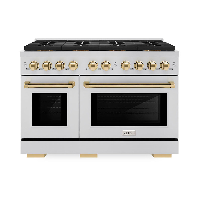 Autograph Edition 48 In. 6.7 Cu. Ft. Paramount Gas Range With 8 Burner Duopro™ Cooktop And Dual Ovens In Stainless Steel And Polished Gold Accents PSGRZ48G
