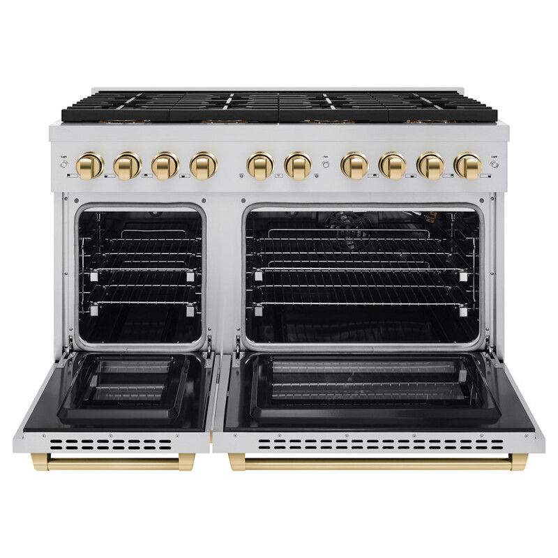 Autograph Edition 48 In. 6.7 Cu. Ft. Paramount Gas Range With 8 Burner Duopro™ Cooktop And Dual Ovens In Stainless Steel And Polished Gold Accents PSGRZ48G