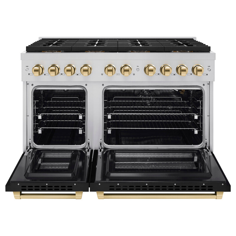 Autograph Edition 48 In. 6.7 Cu. Ft. Paramount Gas Range With 8 Burner Duopro™ Cooktop And Dual Ovens With Black Matte Doors And Polished Gold Accents PSGRZBLM48G