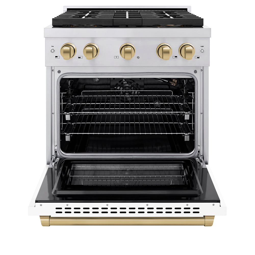 Autograph Edition 30 In. 4.2 Cu. Ft. Paramount Gas Range With 4 Burner Duopro™ Cooktop And Convection Gas Oven In Stainless Steel With White Matte Door And Champagne Bronze Accents PSGRZWM30CB
